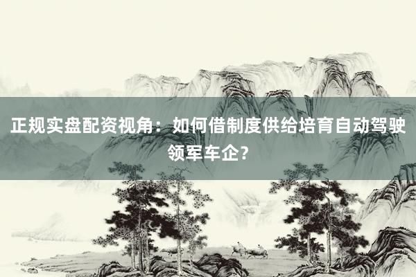正规实盘配资视角：如何借制度供给培育自动驾驶领军车企？
