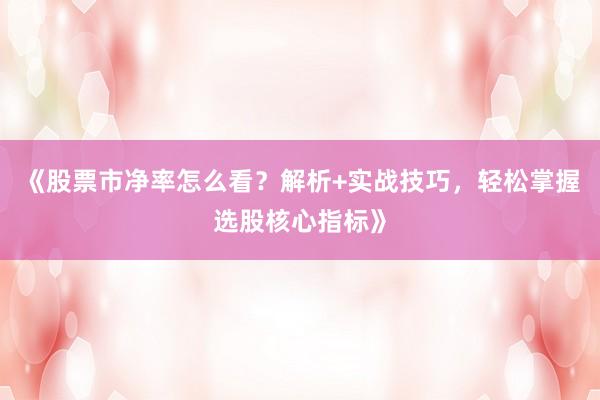 《股票市净率怎么看？解析+实战技巧，轻松掌握选股核心指标》